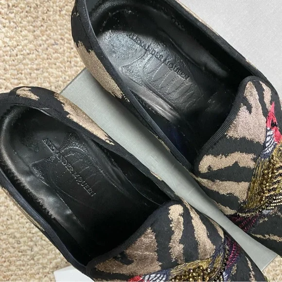 ALEXANDER MCQUEEN Bead & Crystal Embellished Bird Velvet Zebra Print Slippers - Picture 11 of 16